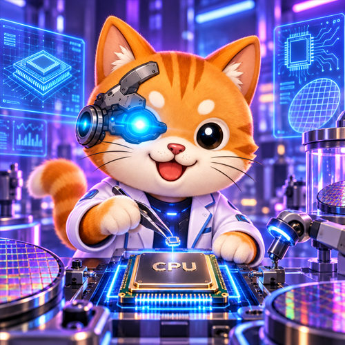 Cyber cat installing a CPU chip in the lab