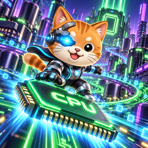 Cyber cat surfing a flying CPU through the city